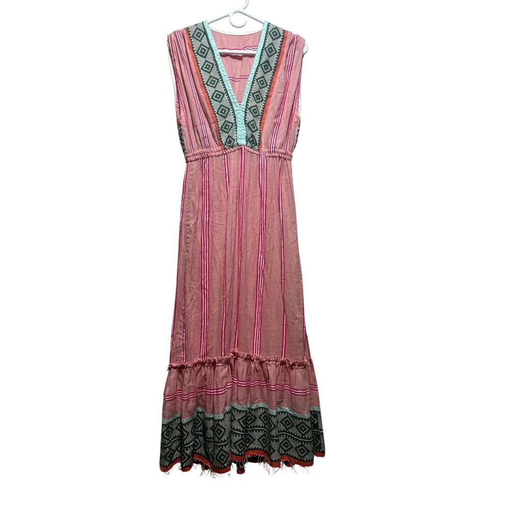 Lemlem Rosa Midi Dress Tunic Women XS Pink Sleeveles Plunge Neck Embroidery Boho - Picture 3 of 16
